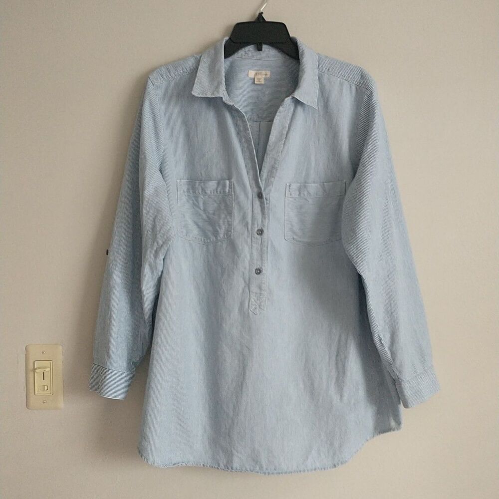 J JILL Popover Shirt Tunic Womens 2X Striped Blue White Buttons Cotton Nautical